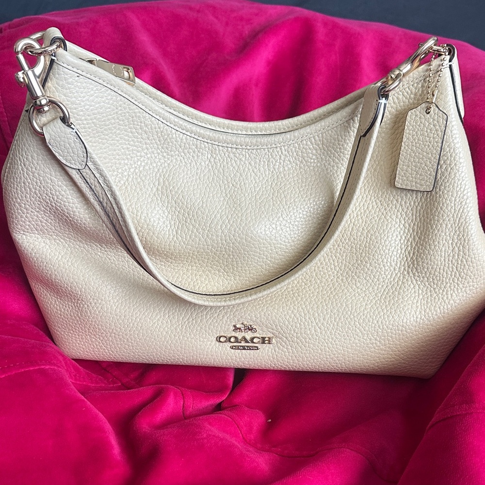Coach Cream Pebbled Leather Shoulder Hobo with Gold Hardware